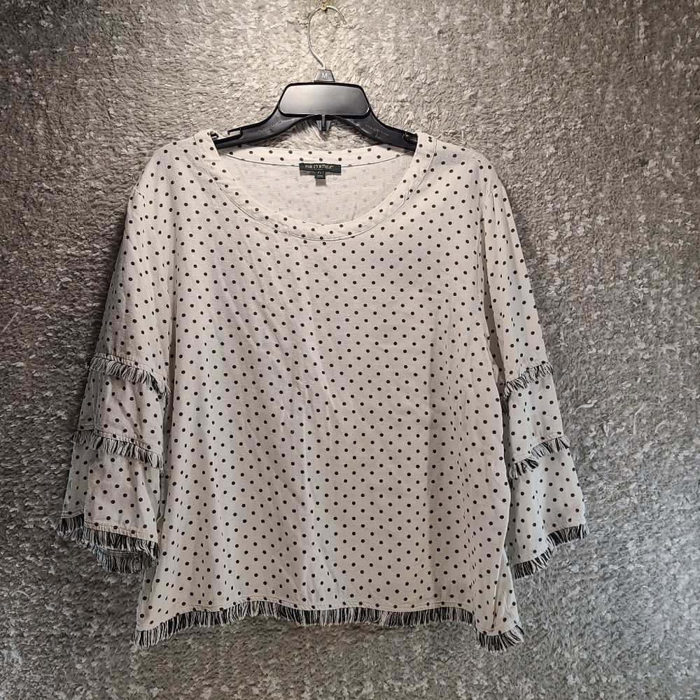 For Cynthia Linen Blend White Polka Dot Fringe 3/4 Sleeve Top‎ Large Petite